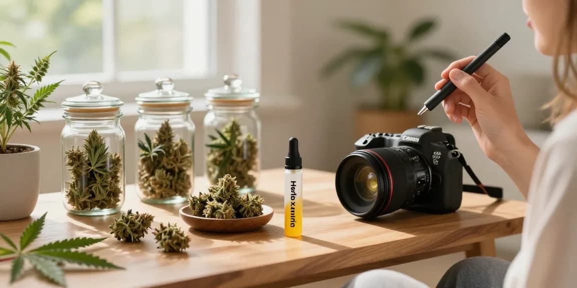 Experience CBD vape in a serene home setting with premium cannabis and wellness elements.