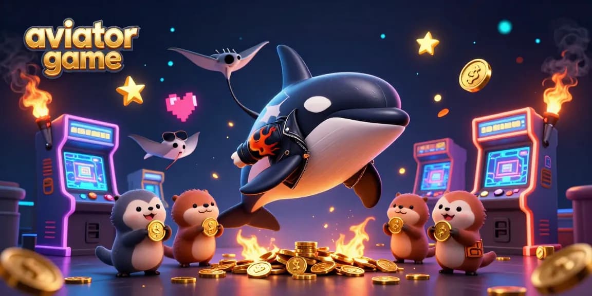 Play the exciting aviator game with a 3D cartoon orca, stingray, and otters in a vibrant casino setting.