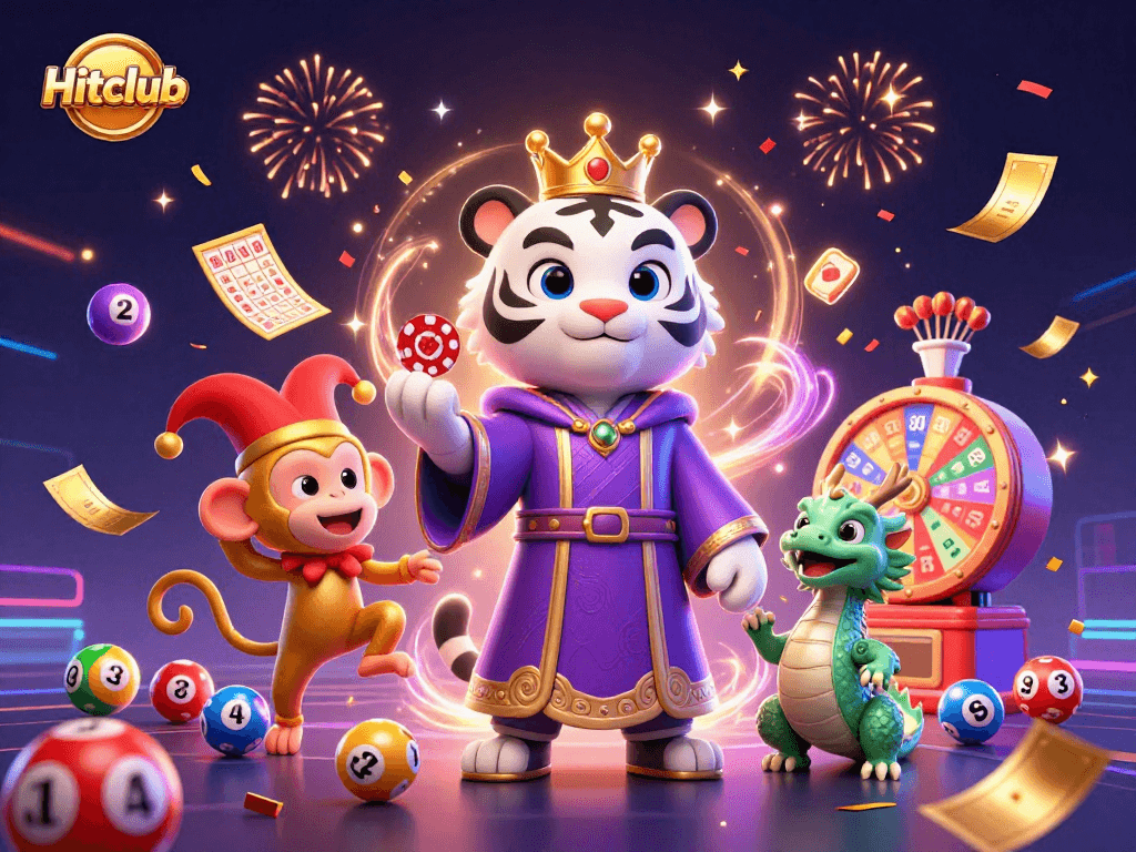 Join the excitement at Hitclub with vibrant 3D characters celebrating wins among colorful lottery elements.