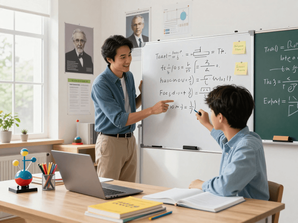 Engaging physics tuition session with a tutor explaining concepts to a student in a well-lit study.