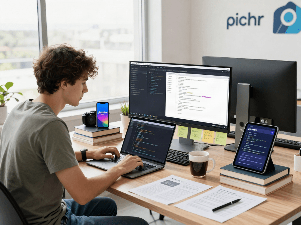 Developer troubleshooting the latest pikashow apk in a vibrant tech workspace filled with devices and coding resources.