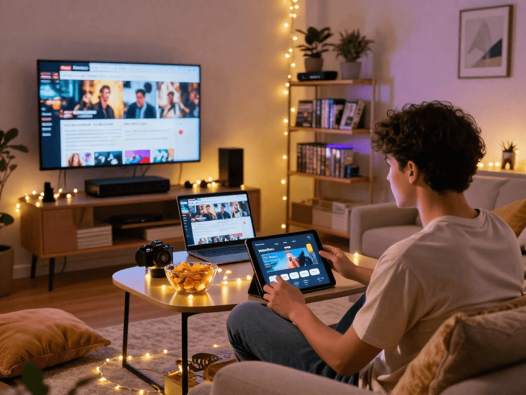 Enjoying the Moviebox apk in a cozy home setup with tablet, snacks, and ambient lighting.