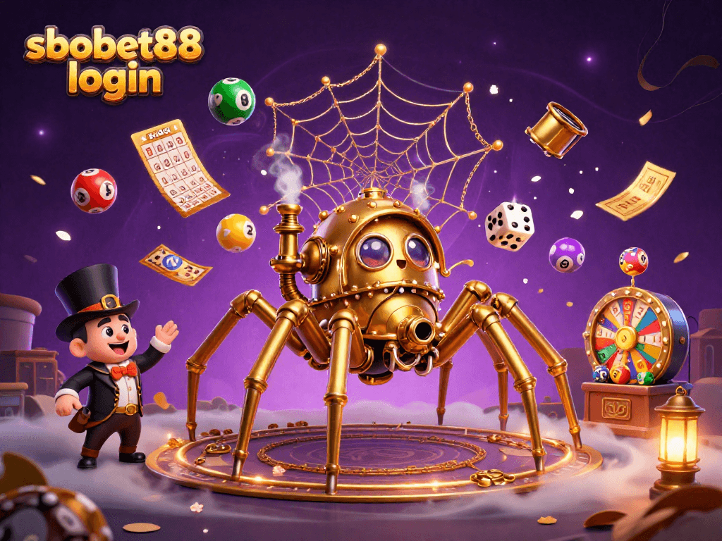 Engage in sbobet88 login with a steampunk spider capturing dice in a vibrant casino scene.