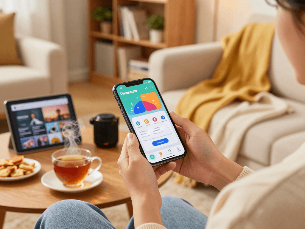 Downloading pikashow app on smartphone in cozy living room, showcasing warmth and comfort.