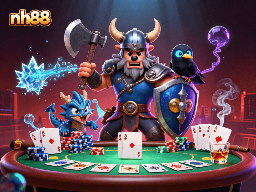 Experience thrilling games at nh88 with a Viking warrior, ice dragon, and dynamic poker elements.