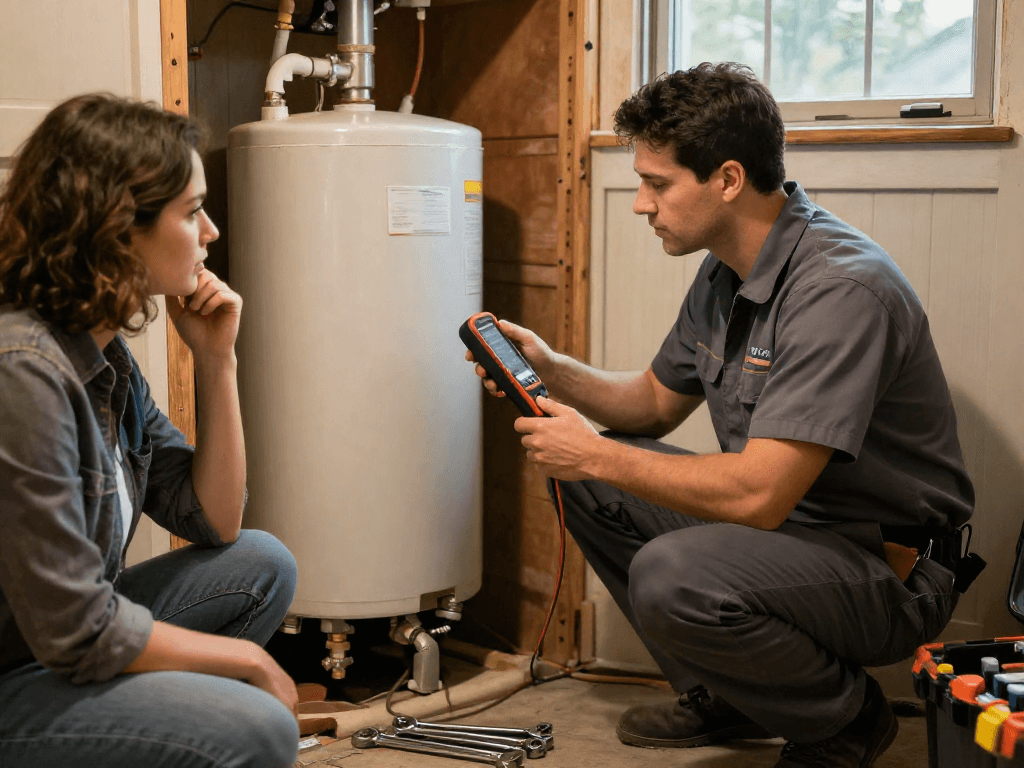Plumbing repair Fort Worth technician inspecting water heater with homeowner, showcasing expert service and diagnostics.