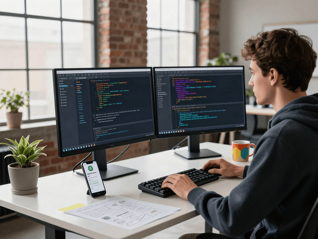 Developer coding features for gbwhatsapp in a modern tech workspace with dual monitors and lively coding atmosphere.