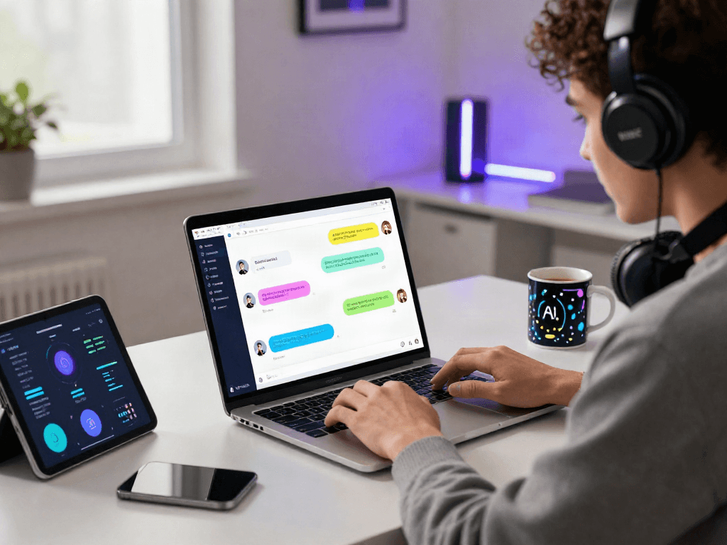 Engaging user interaction with a nsfw chat bot on a modern laptop in a stylish workspace.