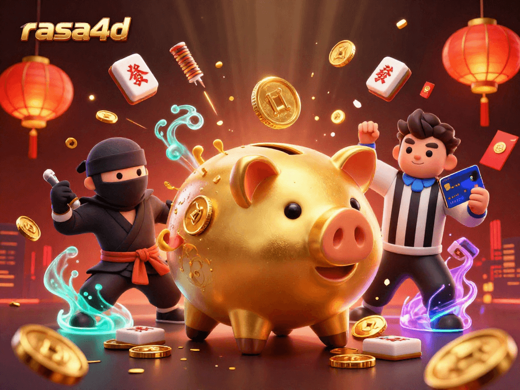 Rasa4d menampilkan pertarungan seru antara pegulat sumo celengan emas dan ninja dompet dalam ilustrasi kasino.