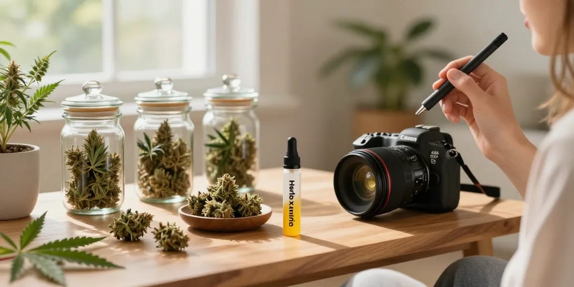 Experience CBD vape in a serene home setting with premium cannabis and wellness elements.