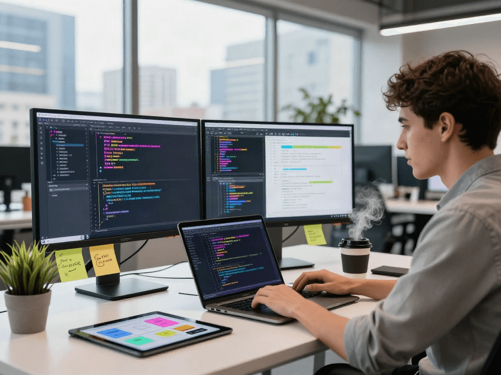 Developer using the pikashow app in a modern workspace with coding on screens.
