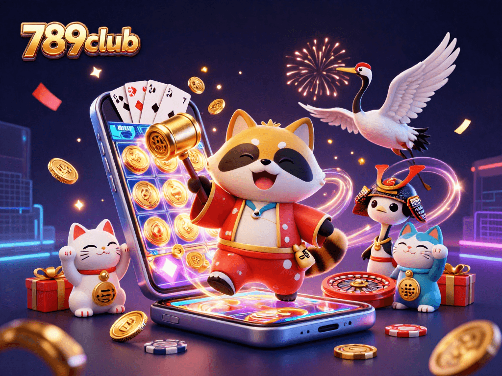 Experience the excitement of 789club with a cheerful tanuki celebrating wins among dynamic gambling elements.