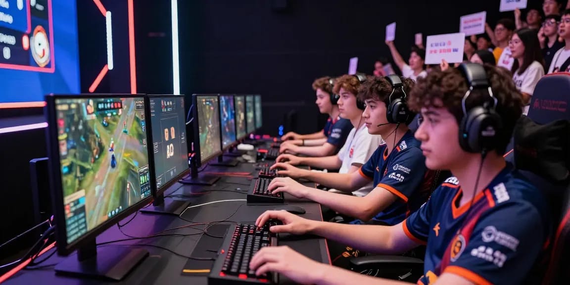 Intense esports match featuring lucky77 team in a modern arena.
