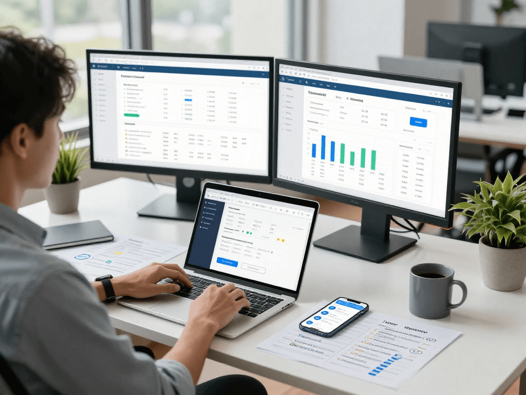 Buy app downloads in a modern office setting where an entrepreneur analyzes app analytics on dual monitors, showcasing business success.