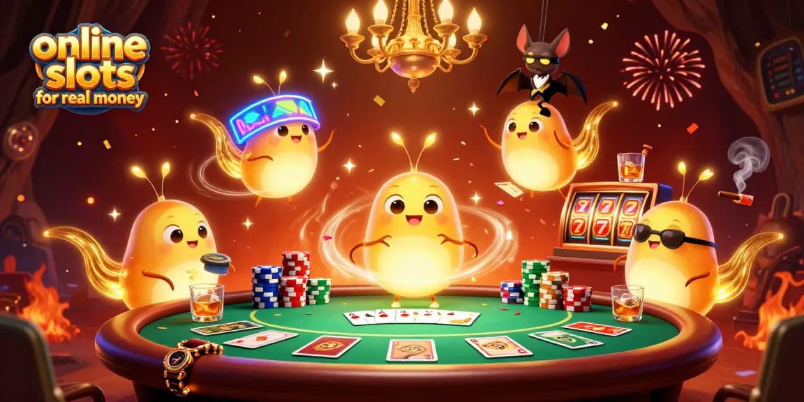 Engage in thrilling online slots for real money with vibrant casino scenes and animated characters.