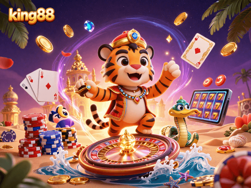 Experience the thrill of king88 with a vibrant 3D illustration featuring a tiger sultan amidst flying coins and gems.