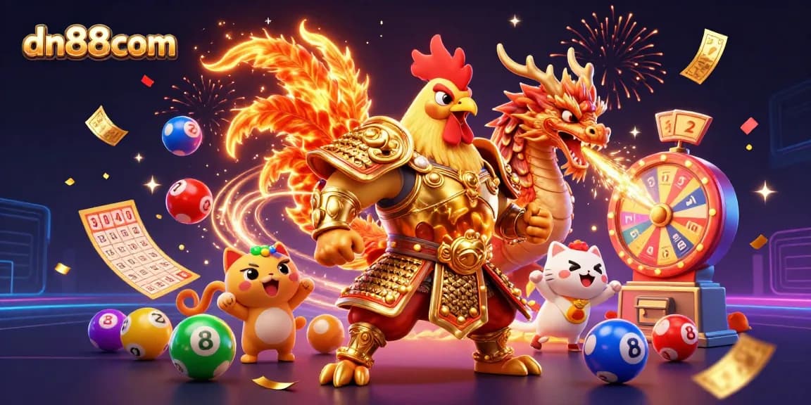 Engaging scene showcasing dn88com with dynamic lottery elements and lively characters celebrating wins.