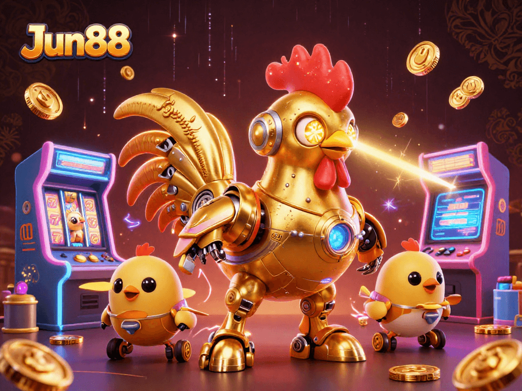 Experience the excitement at Jun88, featuring unique gaming characters and vibrant casino elements.