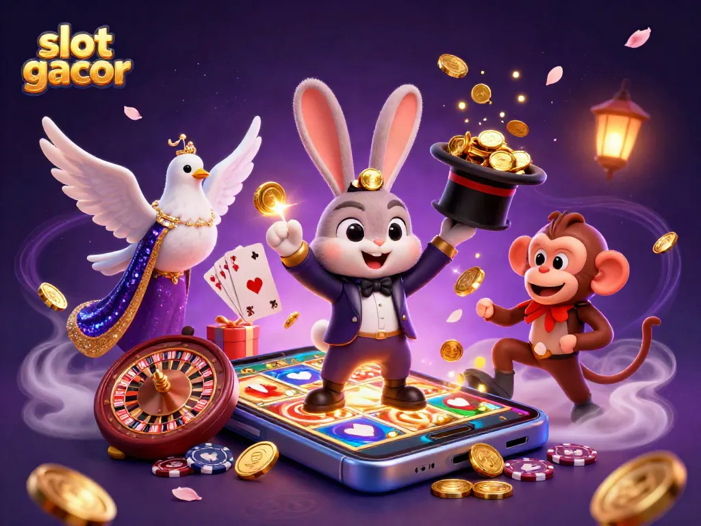 Engaging slot gacor illustration with magician rabbit, dove, and monkey amidst gaming symbols and rich details.