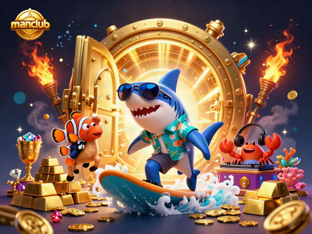 Amazing manclub gaming scene with a hammer-head shark surfing on gold; vibrant casino elements surround him.