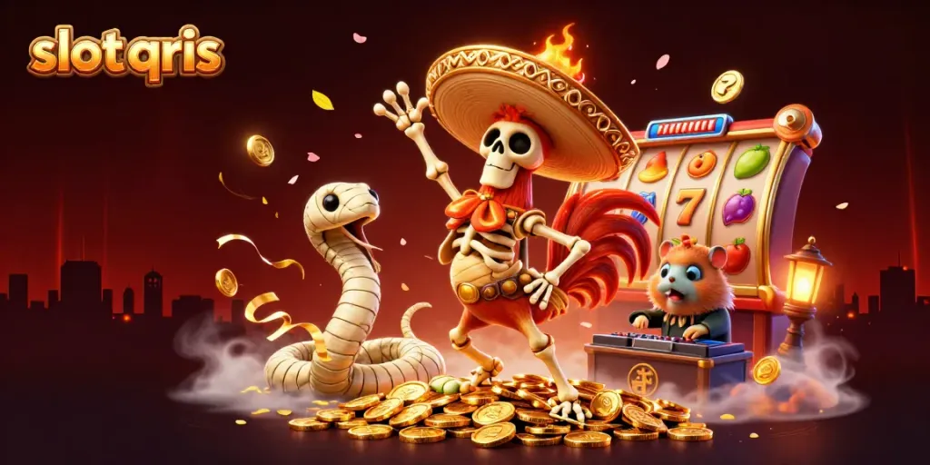 Engaging slot qris scene with lively characters celebrating around golden coins and slot reels.