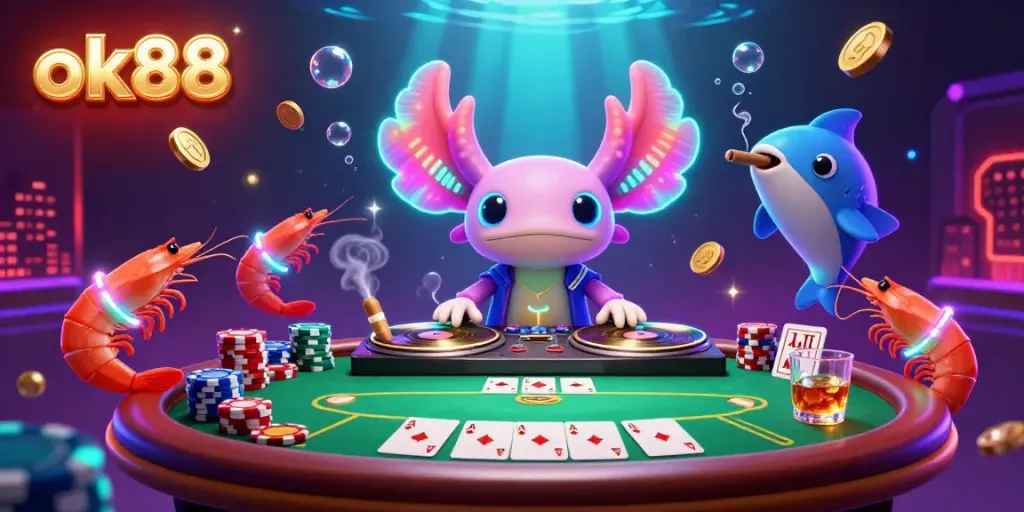 Experience the vibrant world of ok88 with a neon axolotl DJ, poker elements, and dancing shrimp in a dynamic casino illustration.
