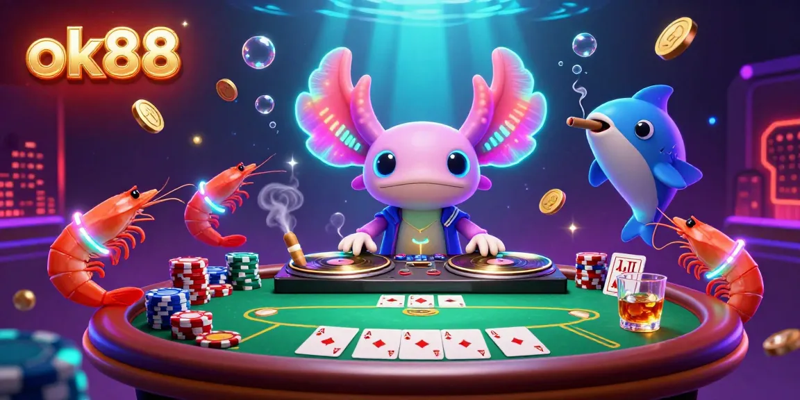 Experience the vibrant world of ok88 with a neon axolotl DJ, poker elements, and dancing shrimp in a dynamic casino illustration.