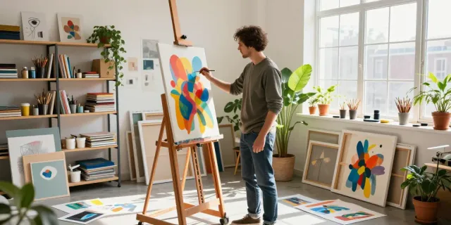 Bruce Bailey Toronto engaged in painting in his sunny art studio, showcasing colorful canvases and artistic supplies.
