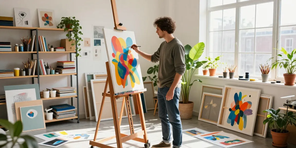Bruce Bailey Toronto engaged in painting in his sunny art studio, showcasing colorful canvases and artistic supplies.