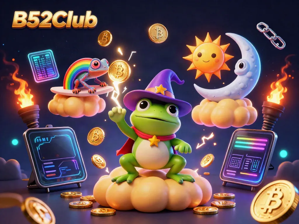 Experience the excitement of B52Club with a storm of golden coins and vibrant characters in this gambling-themed illustration