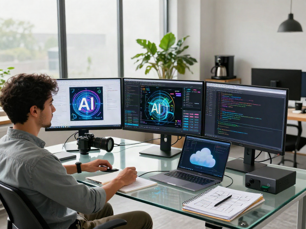 AI Image Detector interface on multiple screens in modern workspace, showcasing advanced technology.