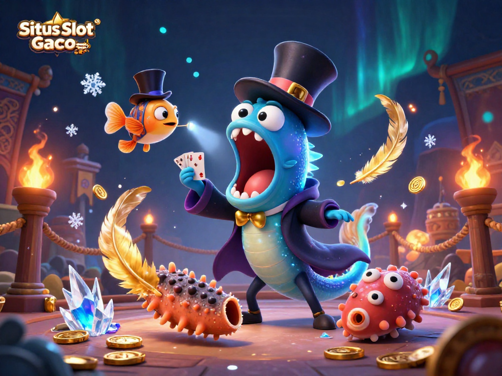 Situs Slot Gacor Terpercaya showcasing a bioluminescent eel performing gambling magic surrounded by vibrant casino elements