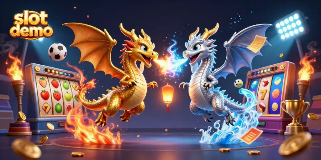 Slot demo interaktif yang menarik dengan elemen naga dan simbol mesin slot.