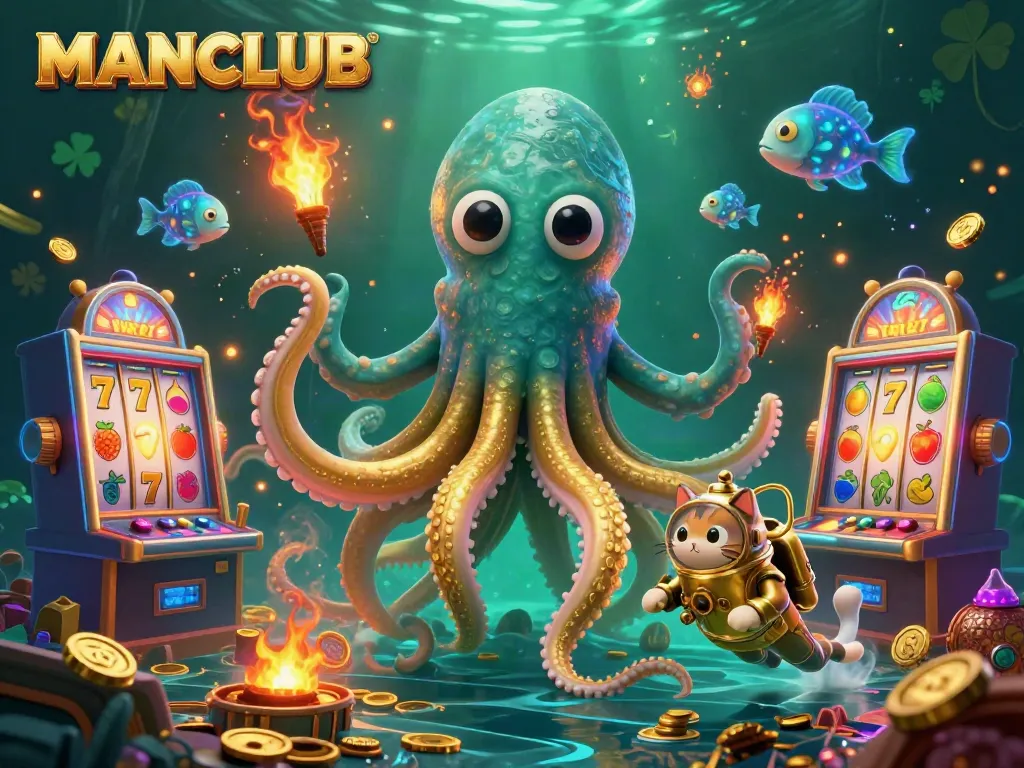 Experience the thrill at MANCLUB's treasure-filled slot arena with artistic kraken and diving cat.