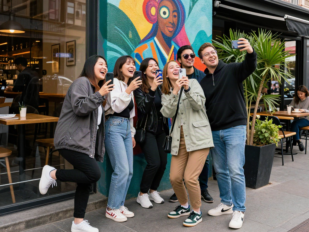 Friends discovering who looks like a celebrity using their app in an urban setting