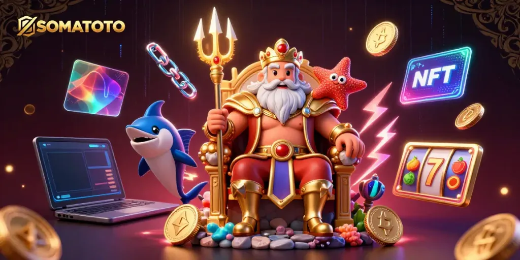SOMATOTO presents a vibrant scene featuring Neptune with a glowing trident alongside a swordfish samurai, surrounded by slot games and crypto elements