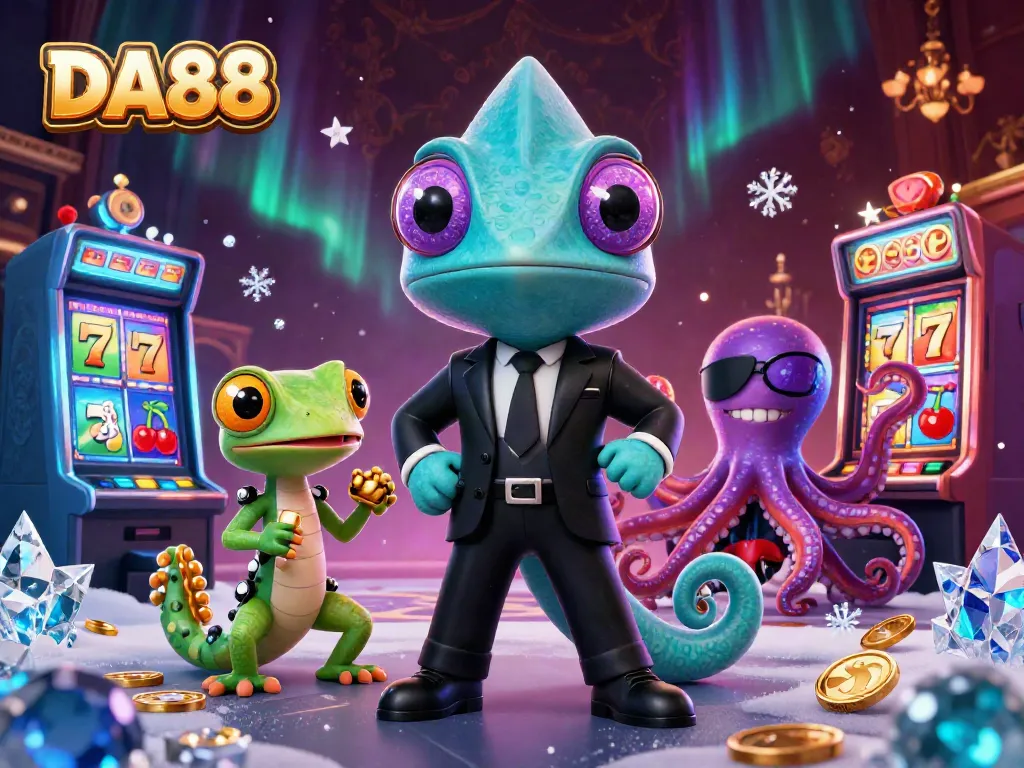 Engage in the thrilling DA88 casino world with vibrant slot machines and colorful characters.