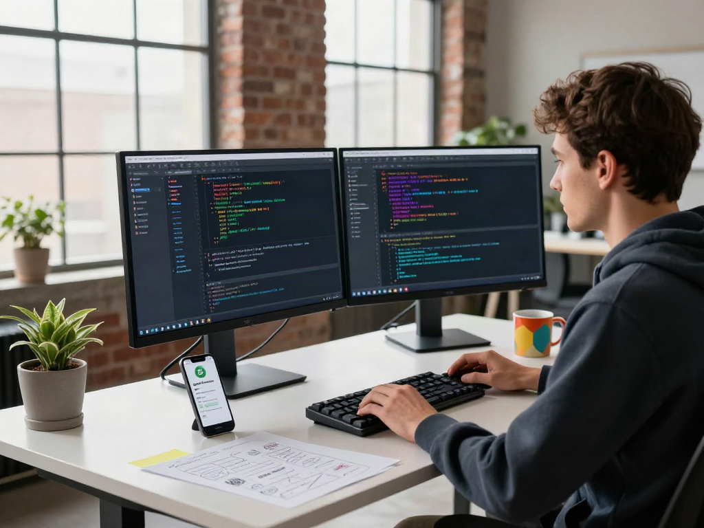 Developer coding features for gbwhatsapp in a modern tech workspace with dual monitors and lively coding atmosphere.