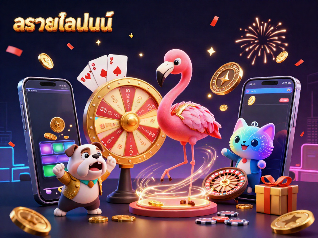 ภาพการ์ตูน 3 มิติของหวยออนไลน์ที่มีกระดานเกม หมุนวงล้อรางวัล และตัวละครน่ารัก