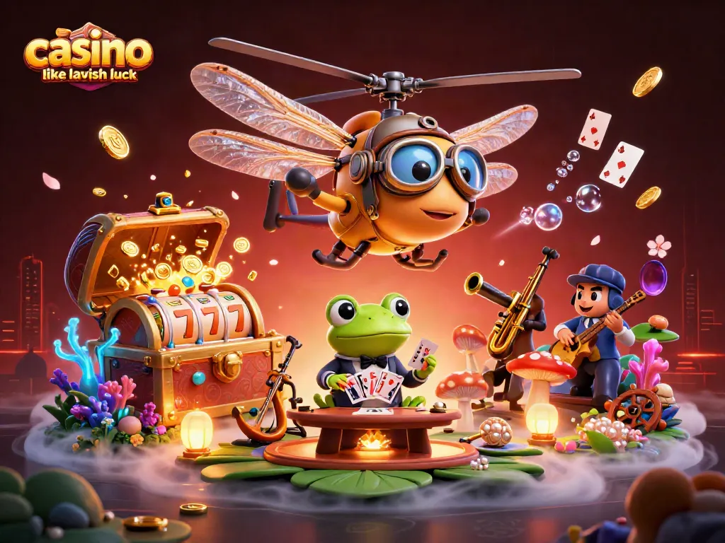 Capture gaming excitement with the dragonfly helicopter pilot at a casino like lavish luck, as cards and coins sparkle.