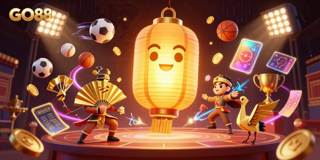 Engage with the exciting nightlife of GO88, featuring a glowing golden lantern spirit surrounded by sports and casino elements.