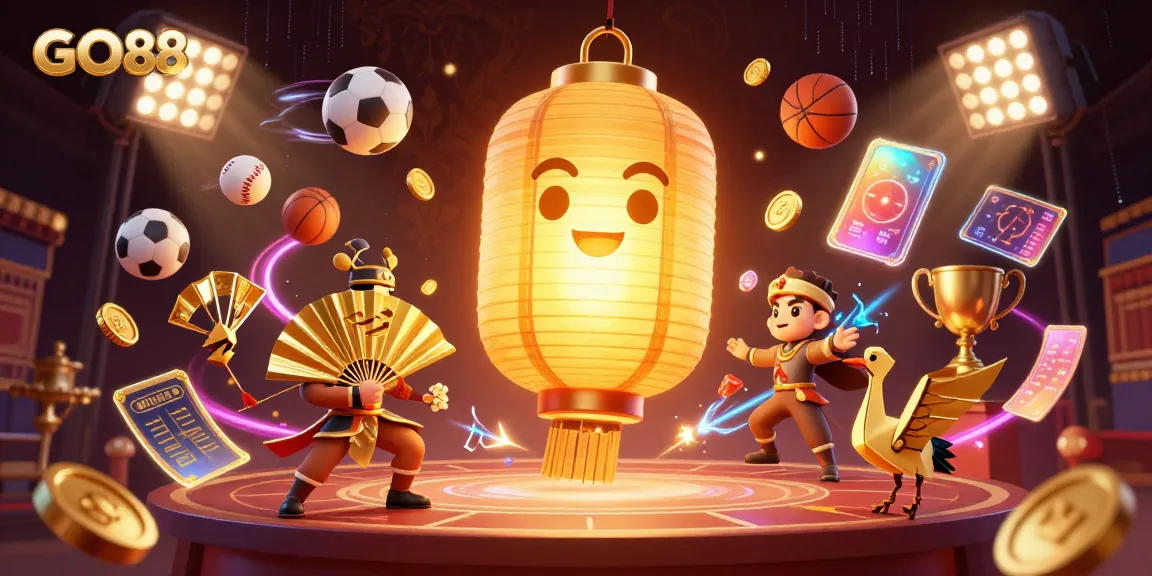Engage with the exciting nightlife of GO88, featuring a glowing golden lantern spirit surrounded by sports and casino elements.