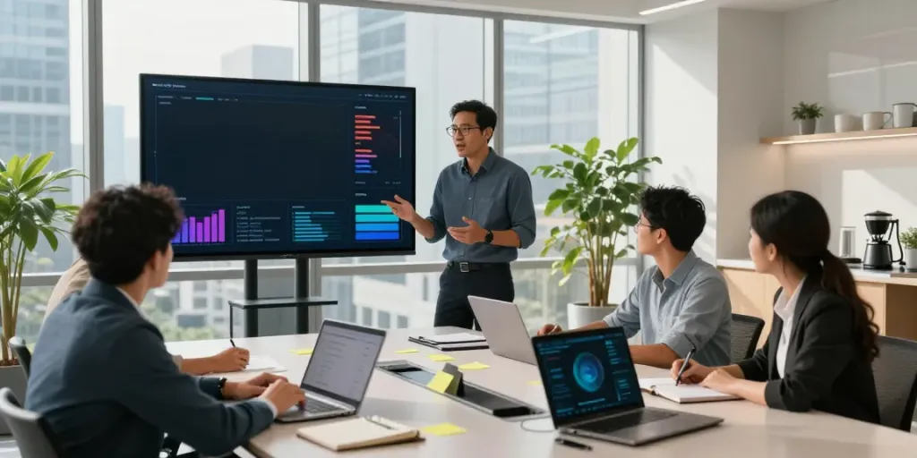 Michael Rustom consulting in a modern office, showcasing teamwork in technology solutions.