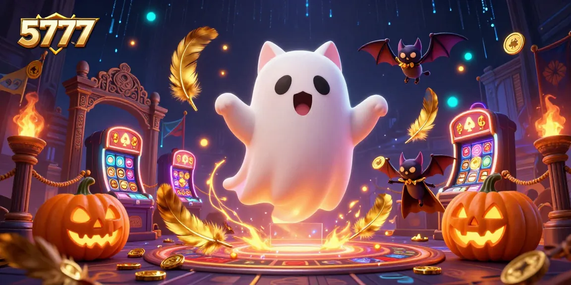 Experience thrilling gameplay with 5777 in this vibrant casino illustration featuring a friendly ghost cat and vampire bat.