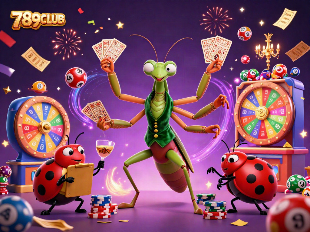 Engage with thrilling games at 789CLUB, featuring a vibrant 3D casino illustration with dynamic lottery elements.