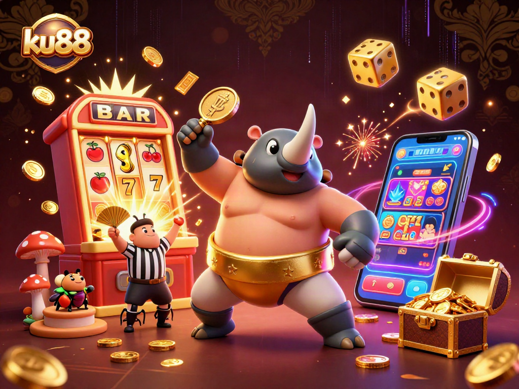 ku88 sends golden coins flying from a 3D slot machine and beetle champions in a vibrant casino scene