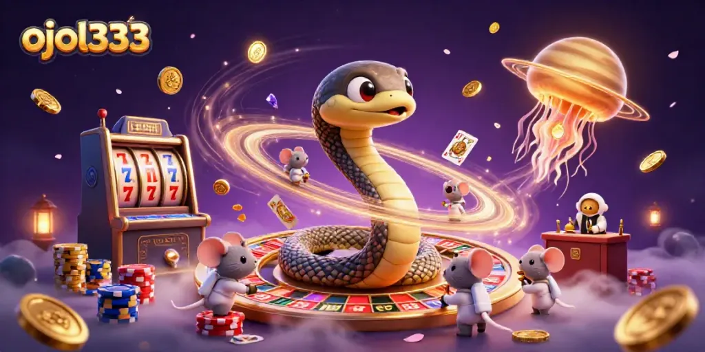Players engage with ojol333's cosmic casino, featuring vibrant slot machines and poker chips.