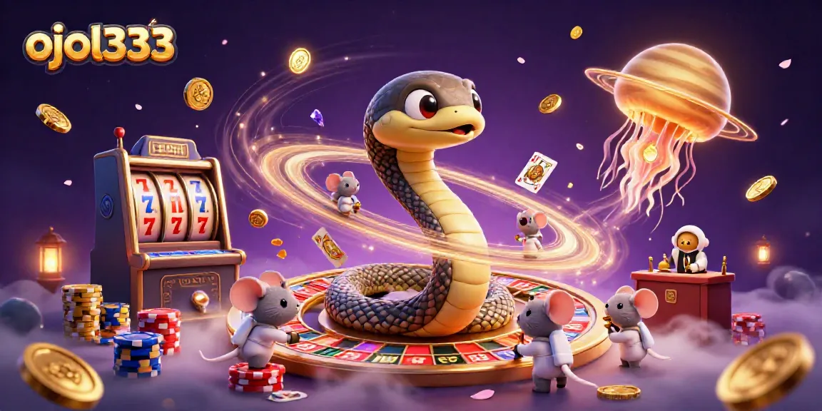 Players engage with ojol333's cosmic casino, featuring vibrant slot machines and poker chips.