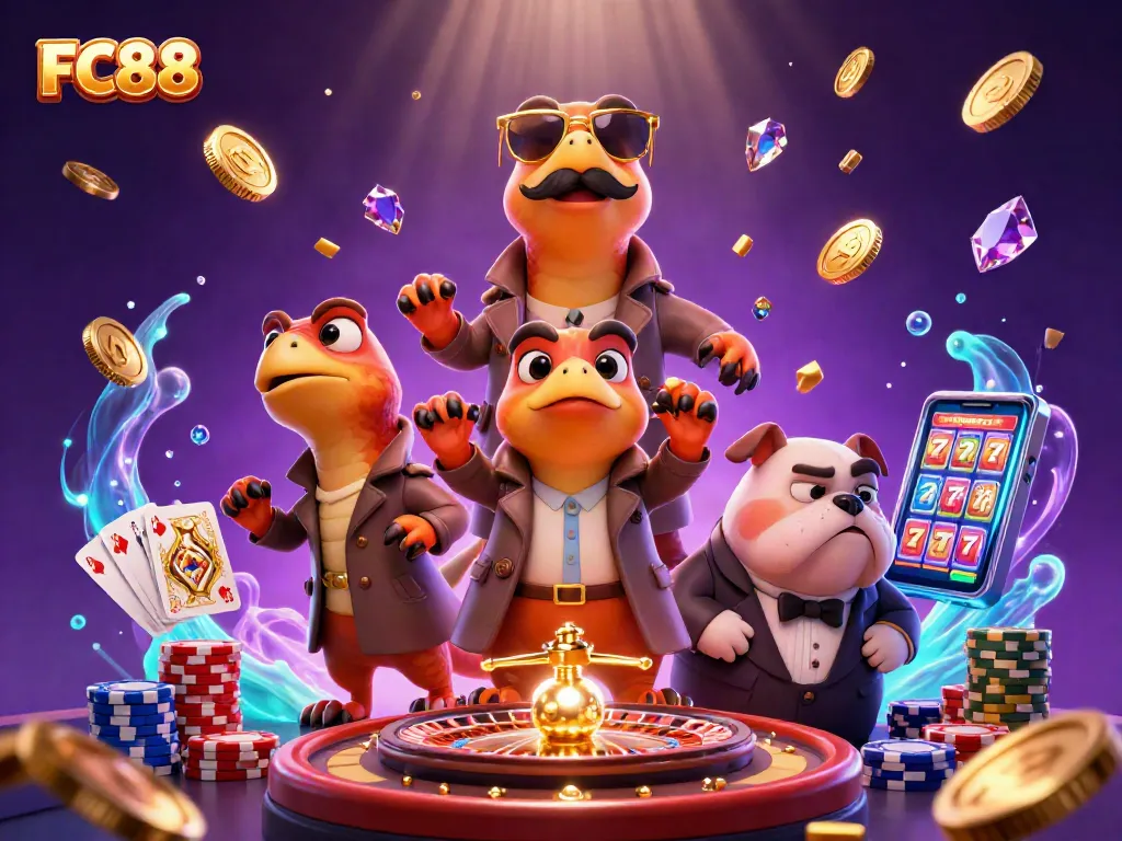 Experience the excitement at FC88 with raptors disguised and dynamic casino elements enhancing the scene.