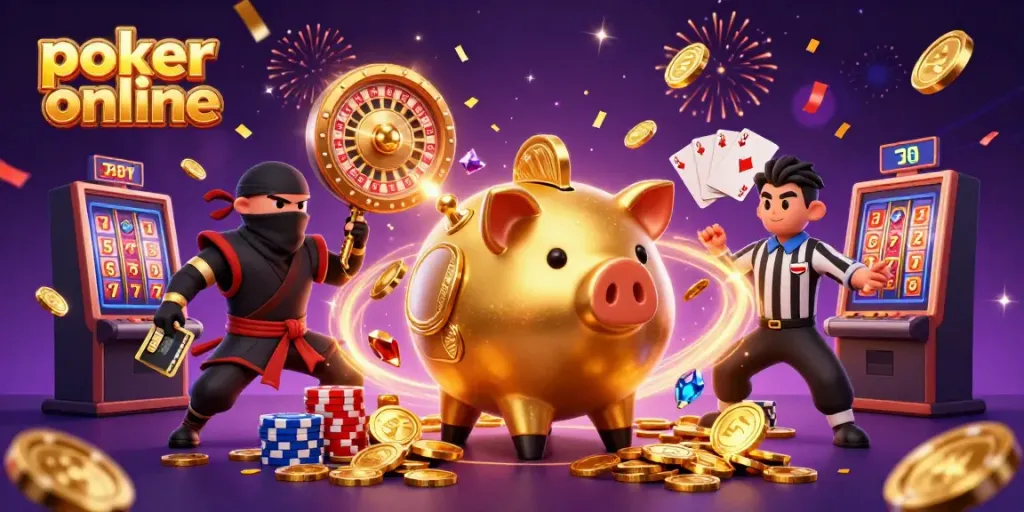 Enjoy classic poker online with a cartoon piggy bank sumo wrestler shaking golden coins everywhere in an exciting scene.